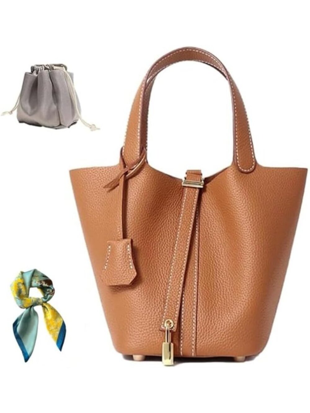 Stylish Genuine Leather Bucket Bag for Women - Versatile Lock Design Tote